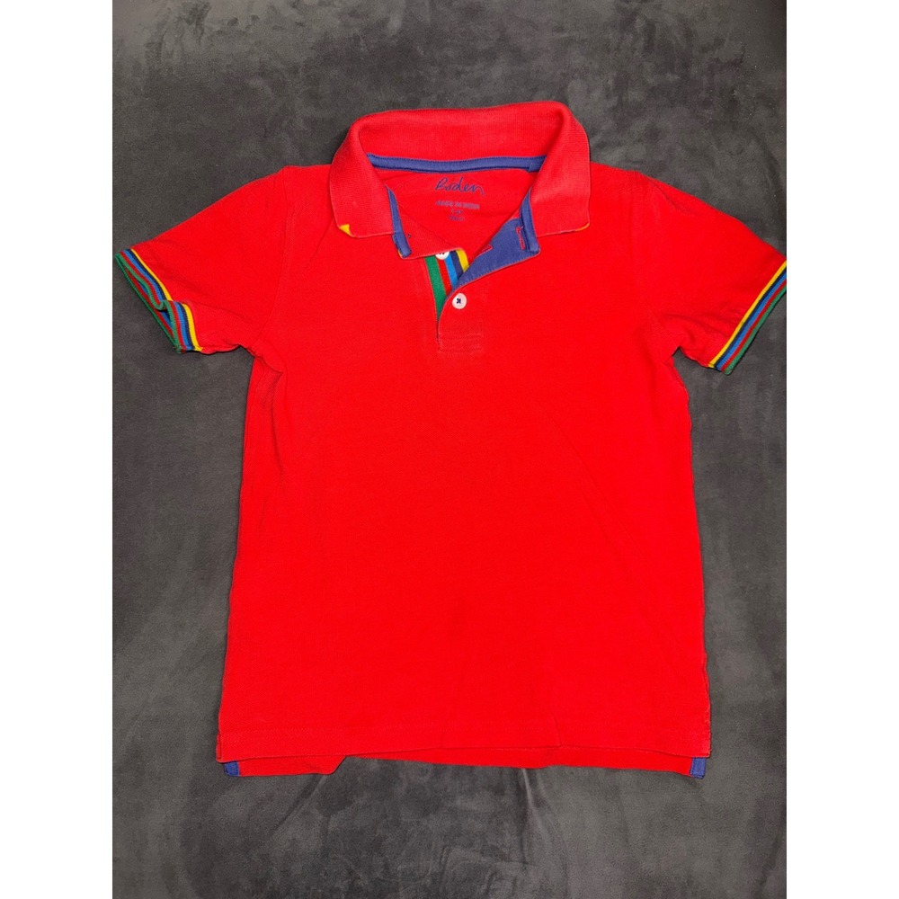 Boden Boys Red Pique Polo Shirt Rainbow Stripe Trim Short Sleeve Size 7-8Y 128cm